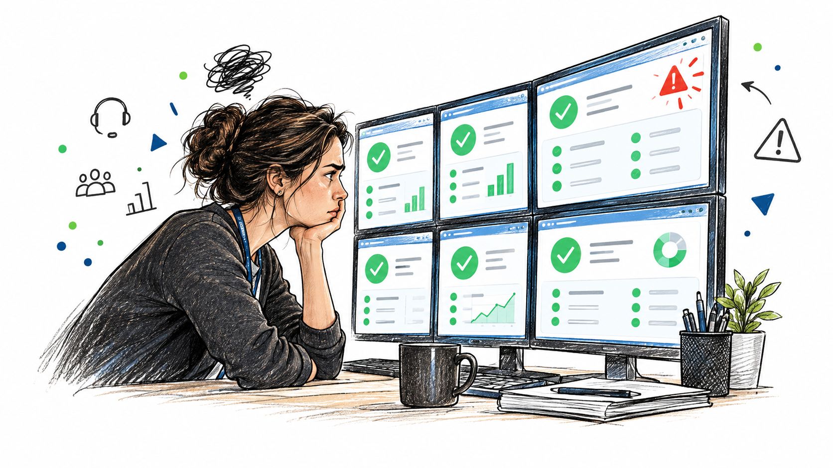 A tired worker looking at multiple computer monitors displaying dashboards and alerts in an office setting.