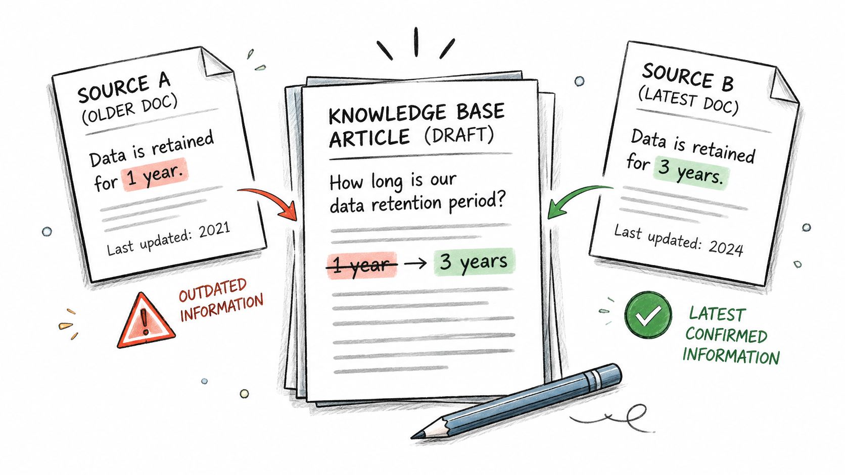 A diagram illustrating the process of updating knowledge base articles using the most recent data source.