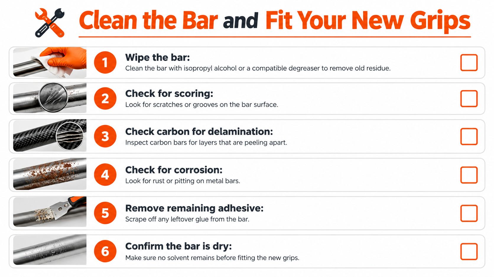 A step-by-step infographic titled Clean the Bar and Fit Your New Grips showing six maintenance steps.