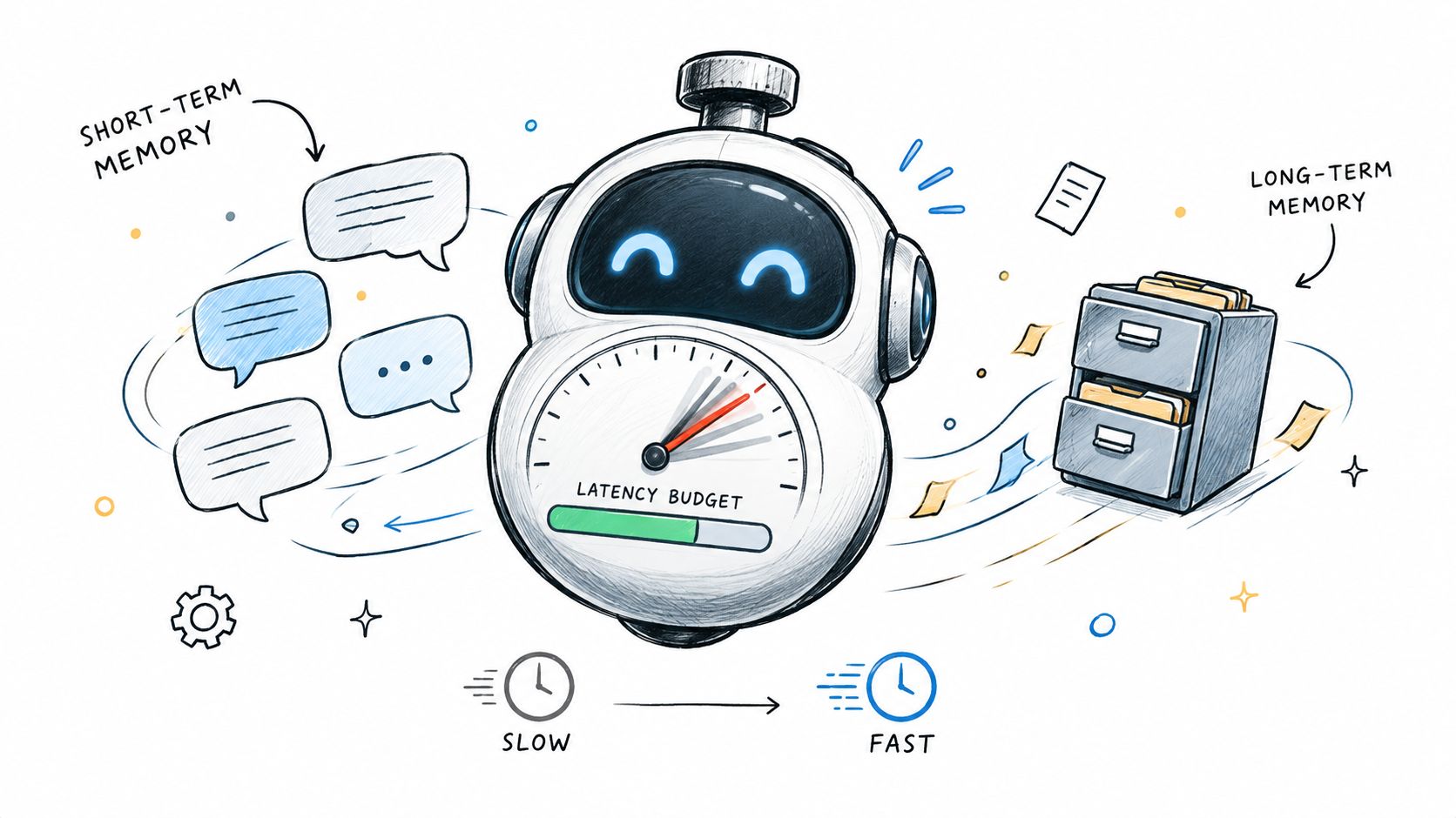 A robot illustration representing AI latency management with short-term memory bubbles and long-term memory file cabinets.