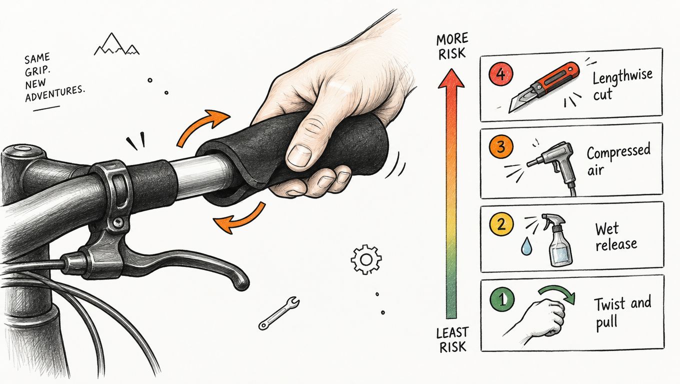 An illustration showing four methods to remove bicycle grips, ranked from least to most risky.
