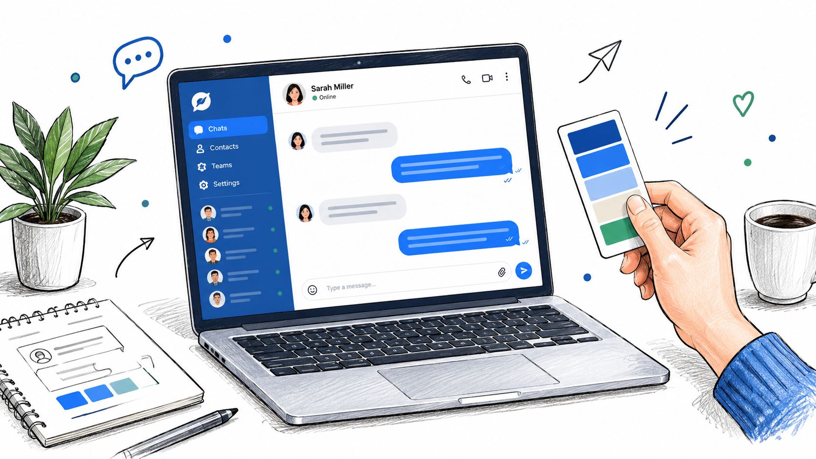 A hand holding a color palette near a laptop displaying a messaging application with chat interface.