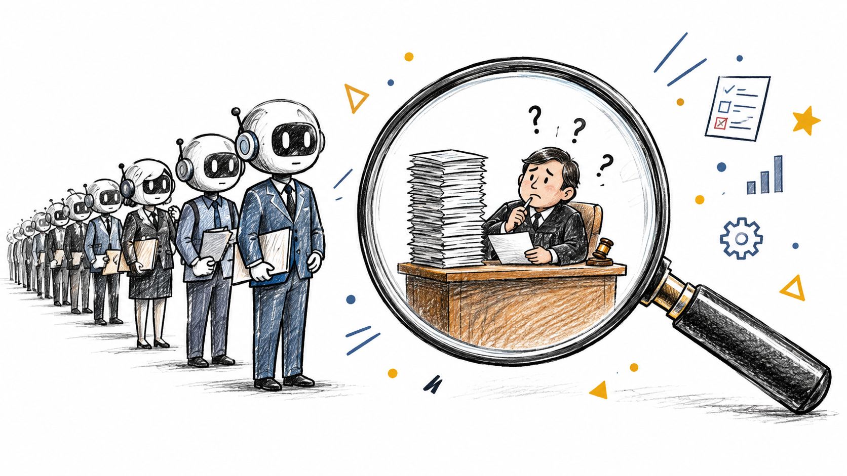 A queue of artificial intelligence robots waiting to be evaluated by a human judge under a magnifying glass.