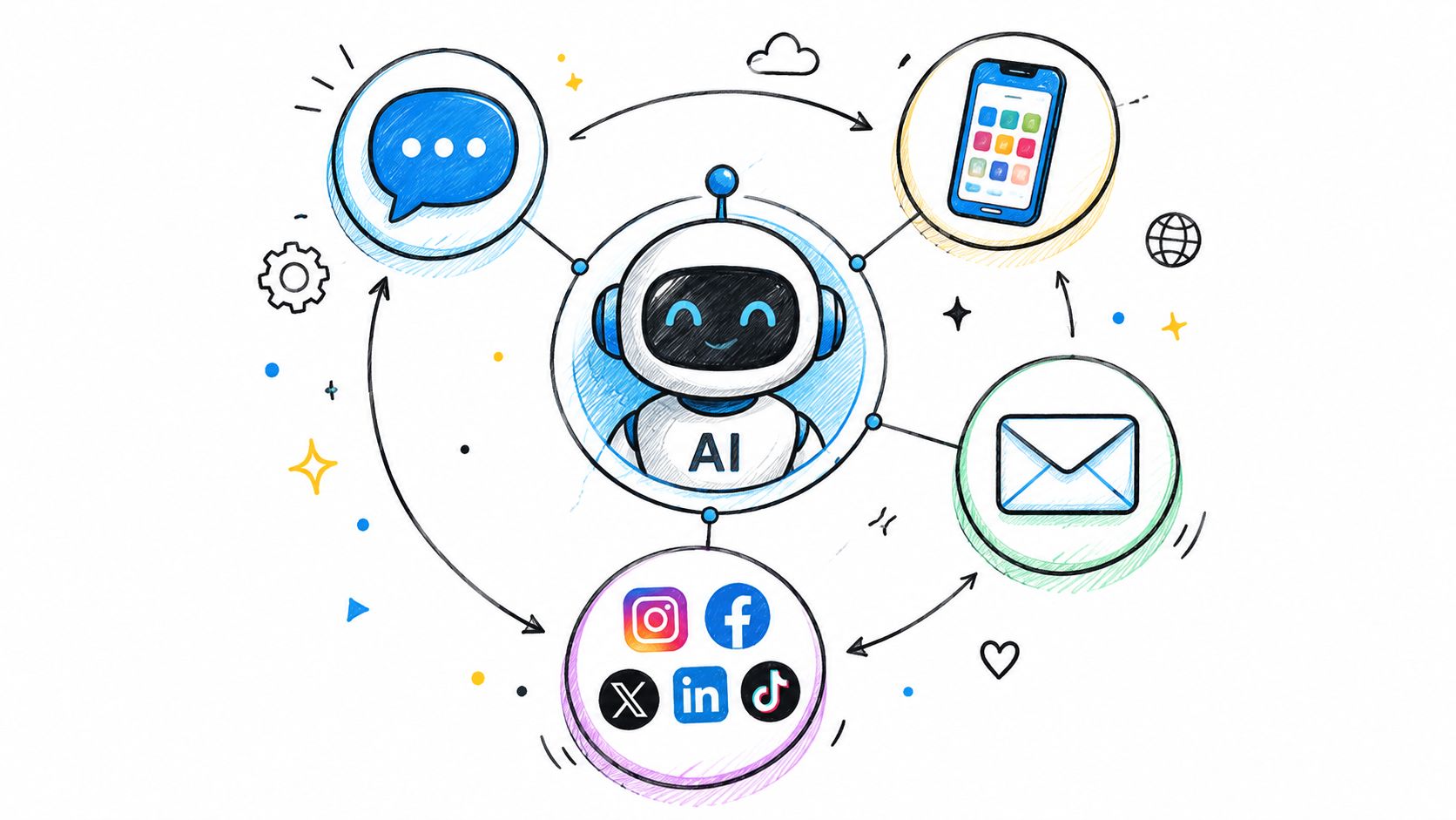 A hand-drawn illustration of an AI robot surrounded by communication icons representing social media, chat, and mobile.