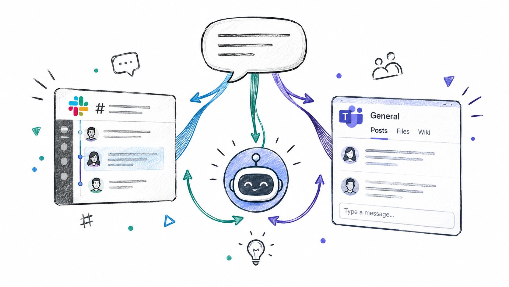 A hand-drawn illustration showing a central chatbot connecting Slack and Microsoft Teams messaging platforms.