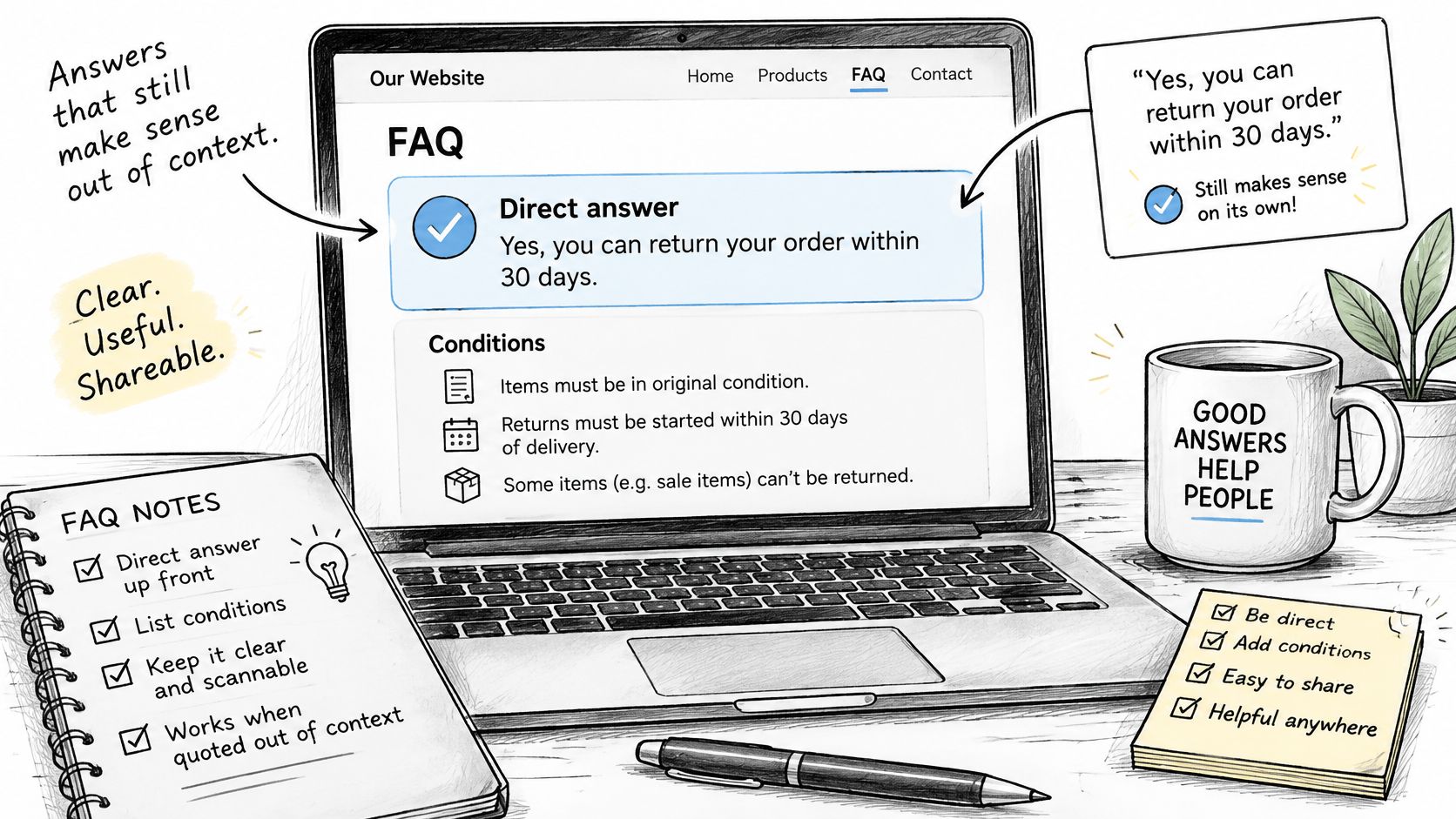 A hand-drawn illustration showing best practices for creating a clear and useful website FAQ page design.