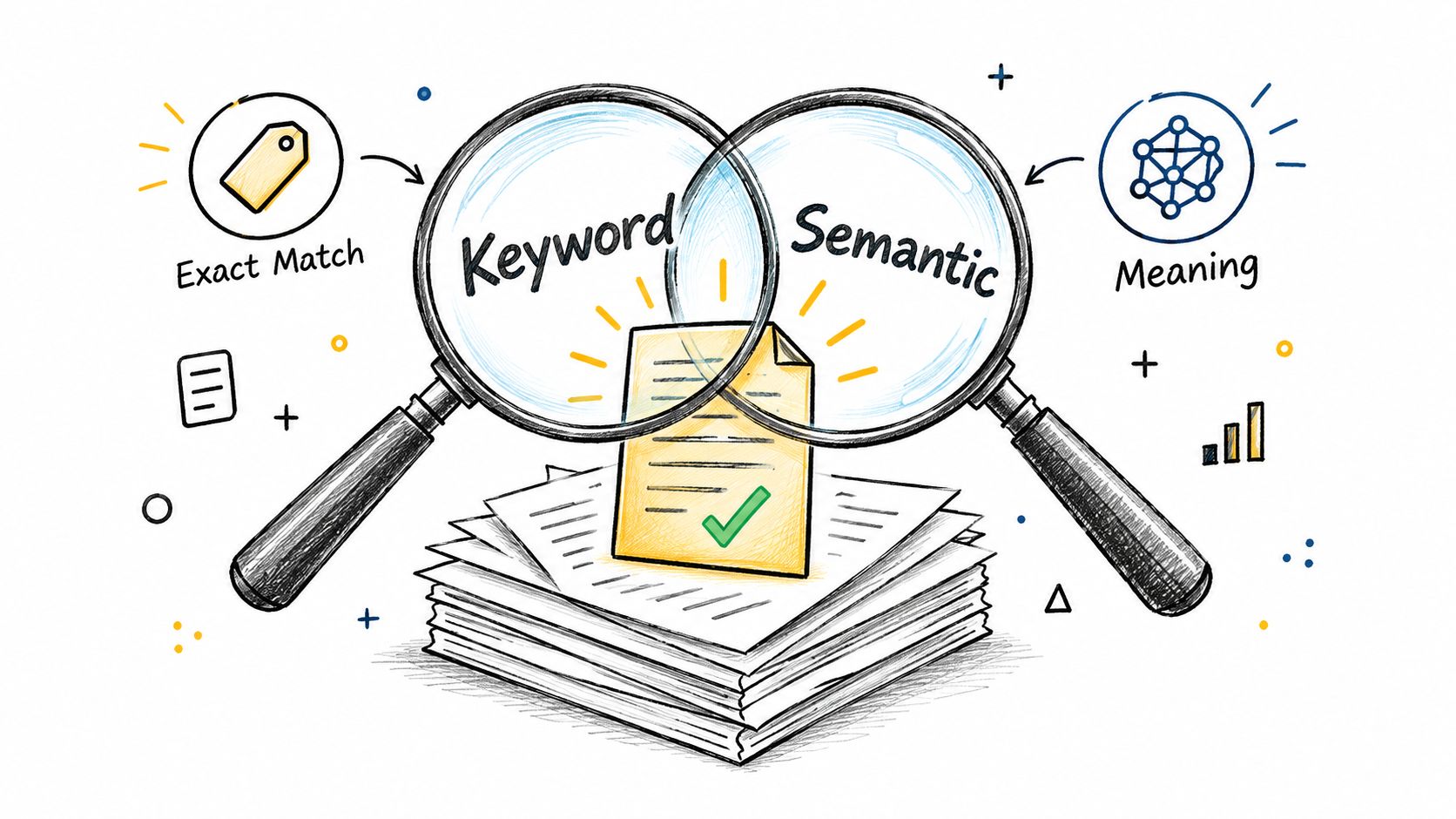 A visual representation of keyword and semantic search methods using magnifying glasses over a stack of documents.