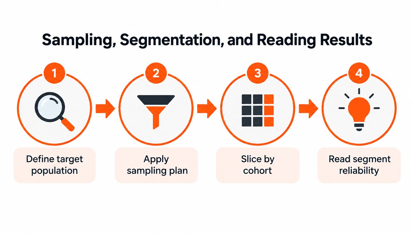 A four-step diagram illustrating the process of sampling, segmentation, and reading research results.