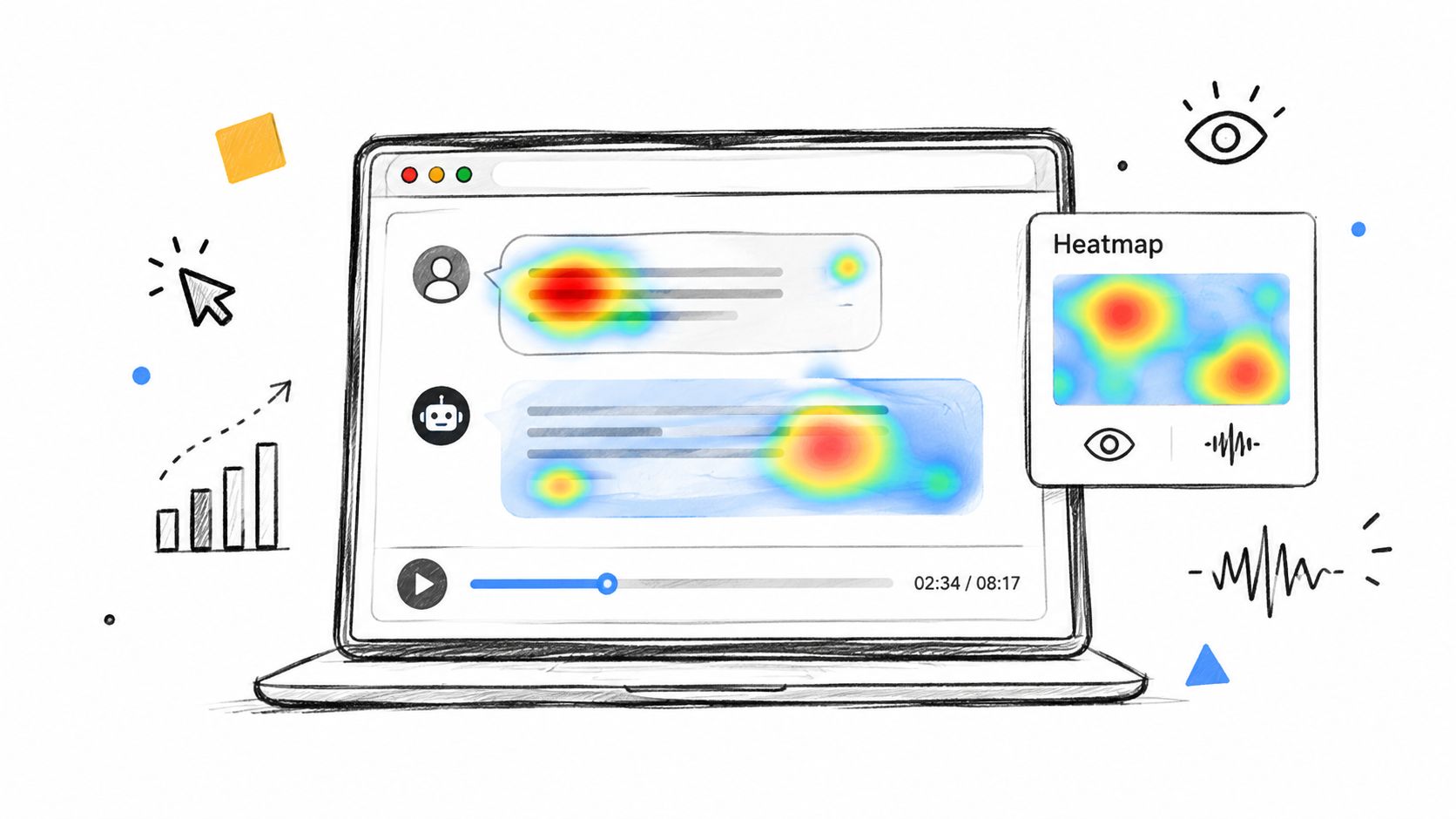 A digital illustration of a laptop showing user interaction heatmaps on a chat interface with analytics icons.