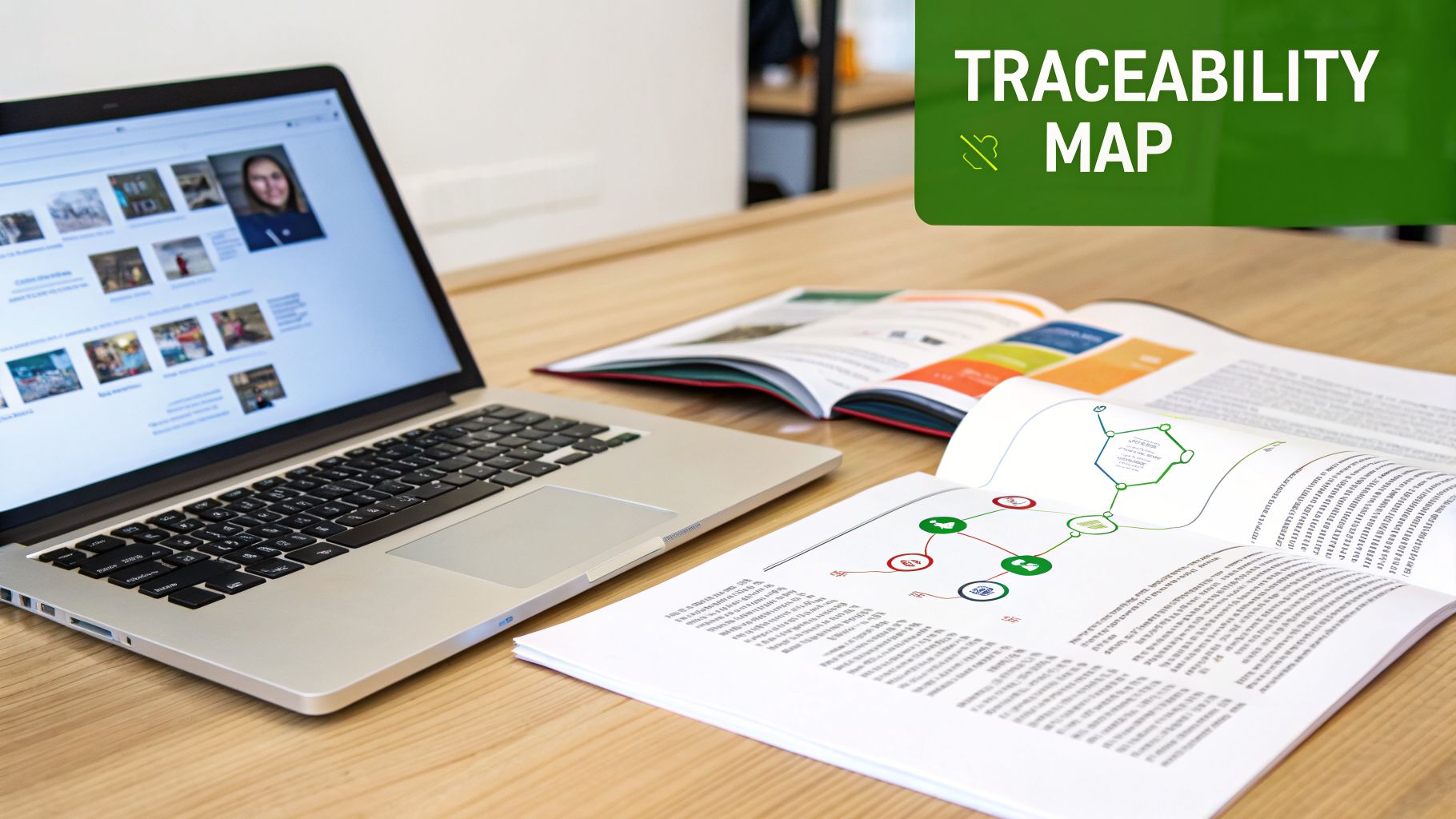 A laptop and open books with a traceability map diagram on a wooden desk.
