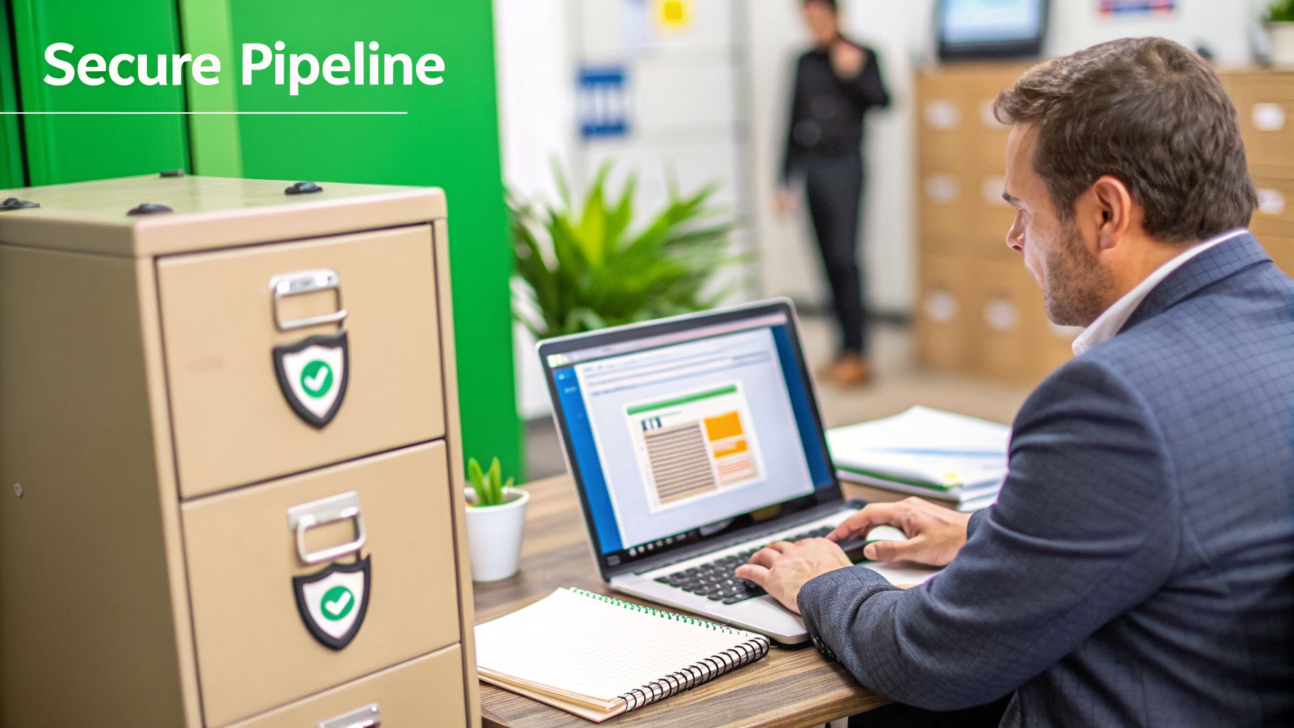 A businessman works on a laptop at a desk next to secure filing cabinets in an office.