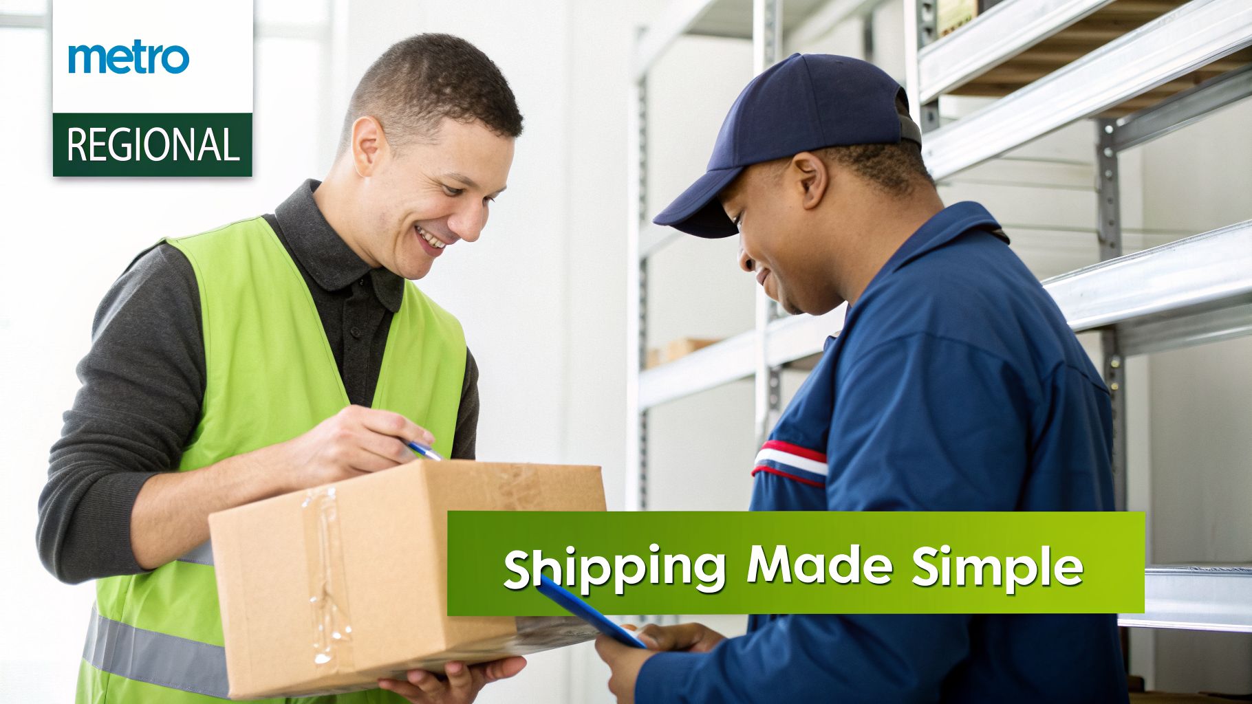 A smiling worker in a safety vest signs for a package from a delivery driver, making shipping simple.