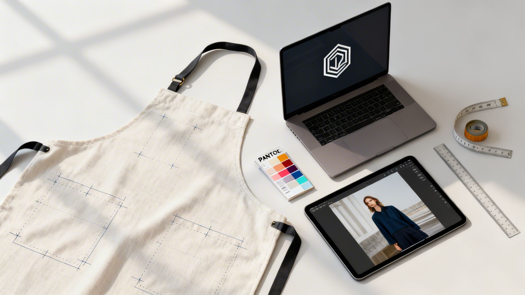 A flat lay of a fashion designer's workspace with an apron, laptop, tablet, and measuring tools.