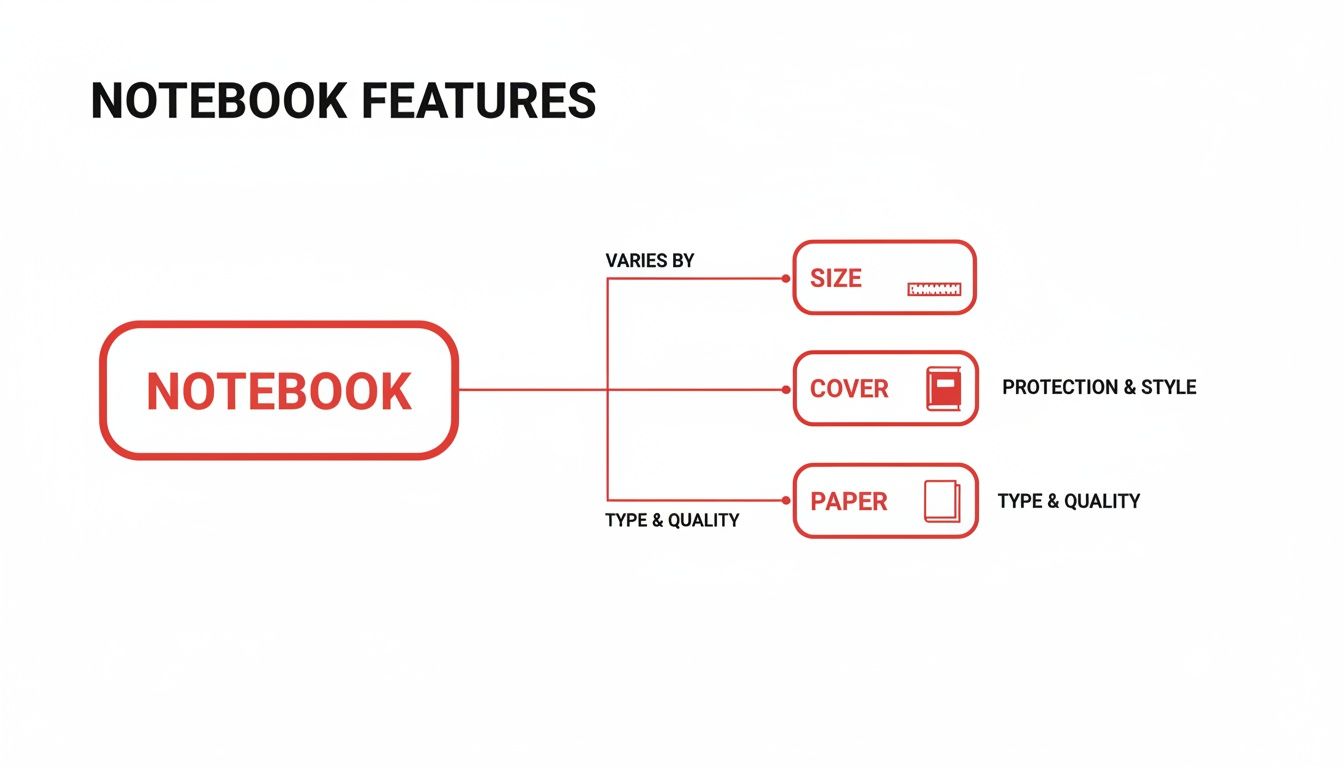 A diagram titled 'Notebook Features' showing how notebooks vary by size, cover protection and style, and paper type and quality.