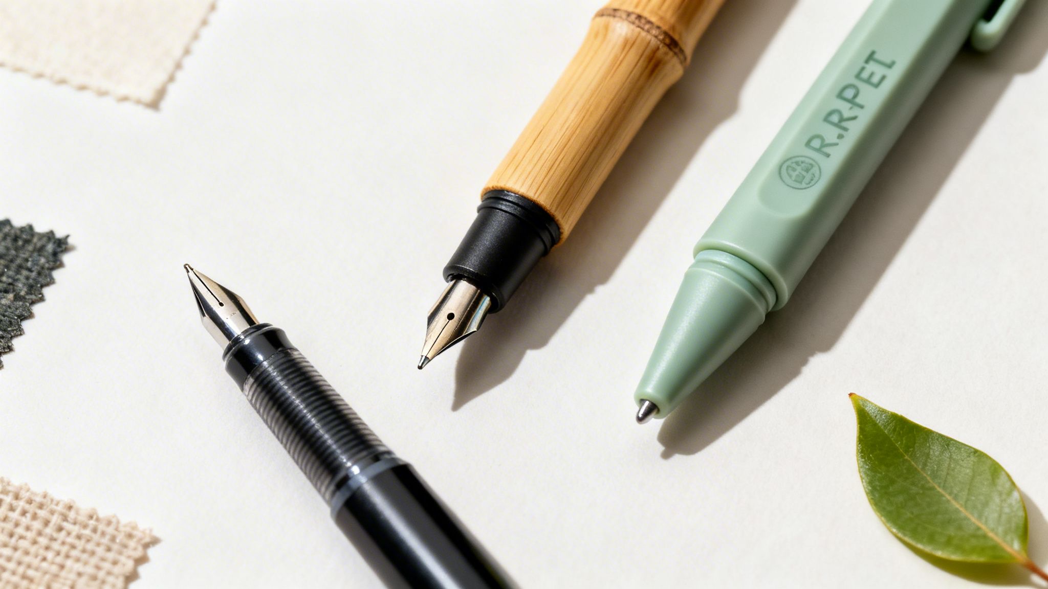 Three eco-friendly pens, including a bamboo and R.R.PET pen, displayed with fabric samples.