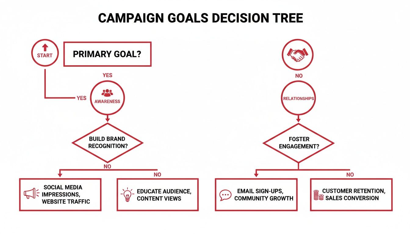 A campaign goals decision tree showing paths for awareness and relationships.
