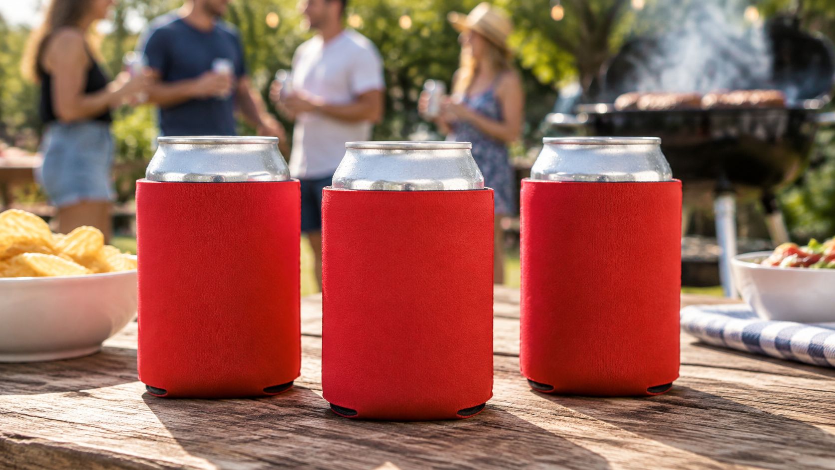 Three canned drinks in neoprene stubby holders resting on a wooden picnic table at an outdoor gathering.