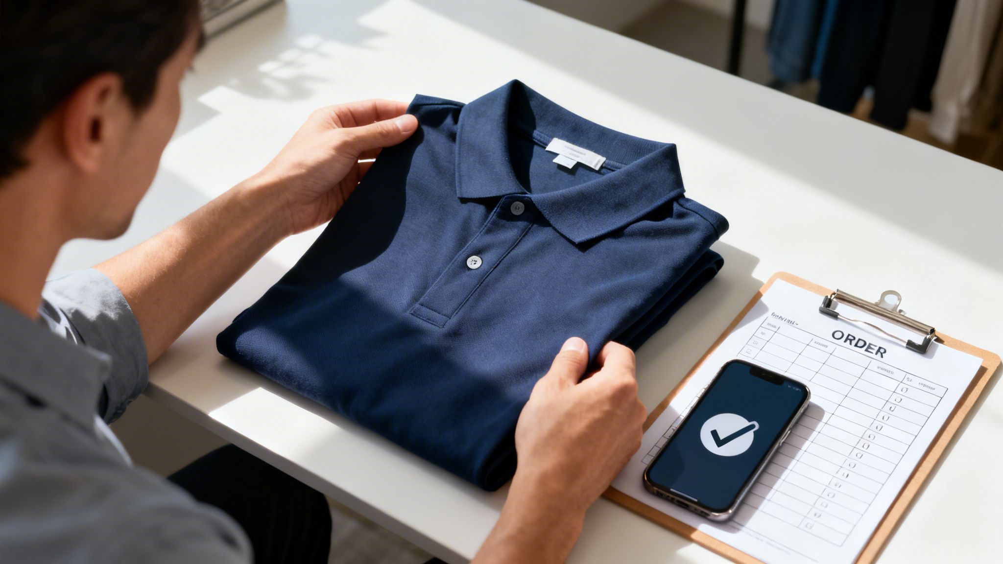 A person checking a custom blue polo shirt and an order form with a successful digital confirmation.
