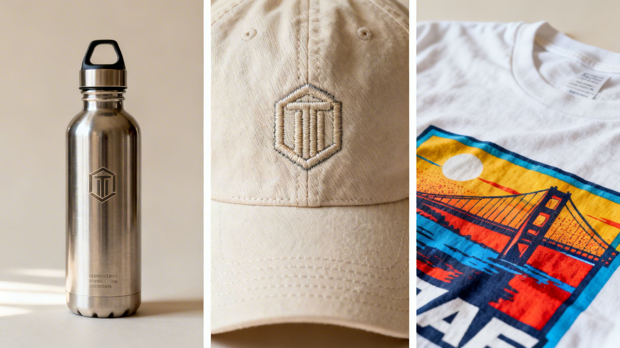 Three promotional products: a stainless steel water bottle, an embroidered baseball cap, and a graphic t-shirt.
