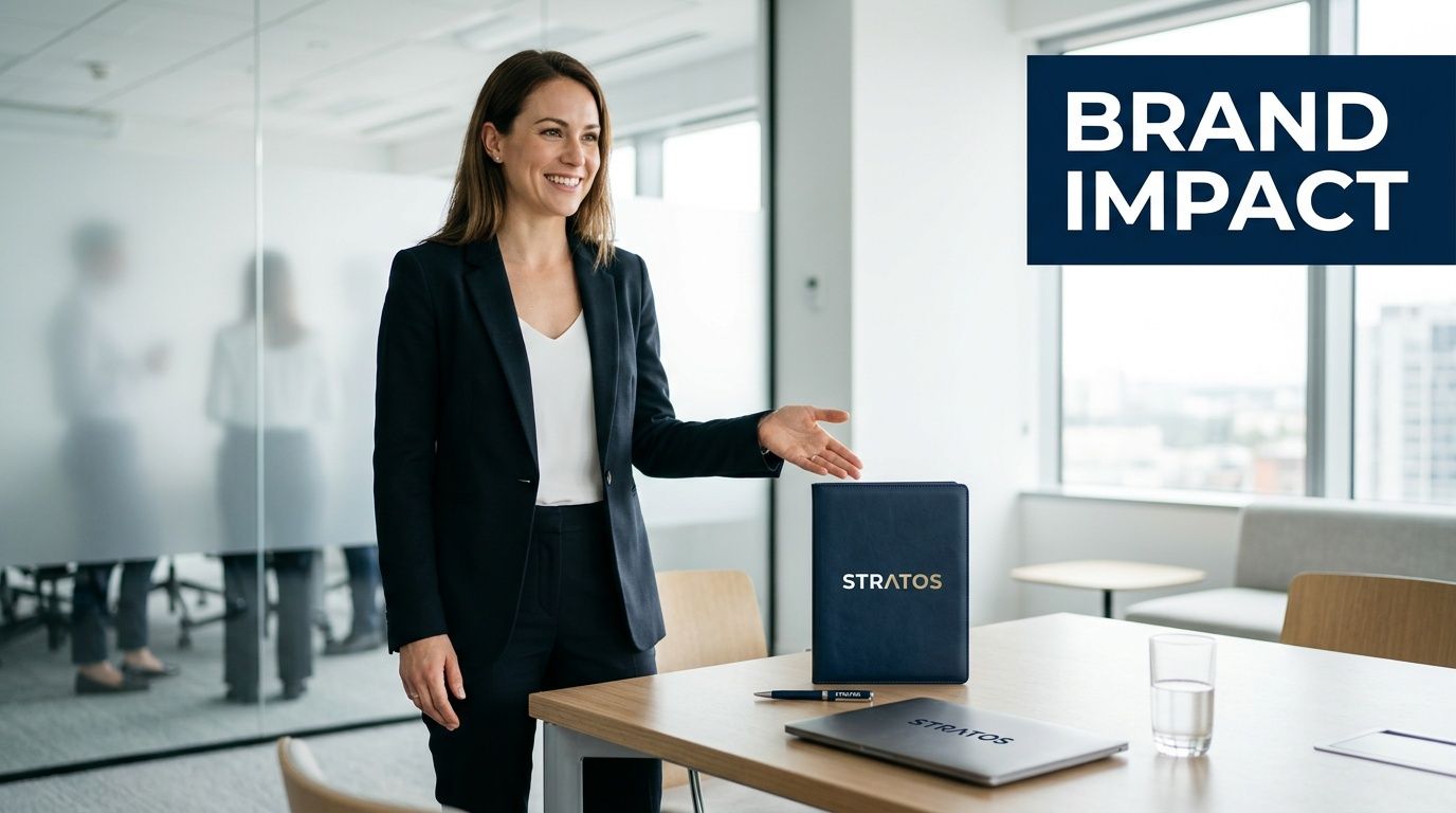 A professional woman in a suit gesturing toward a branded A5 notepad cover on an office table.