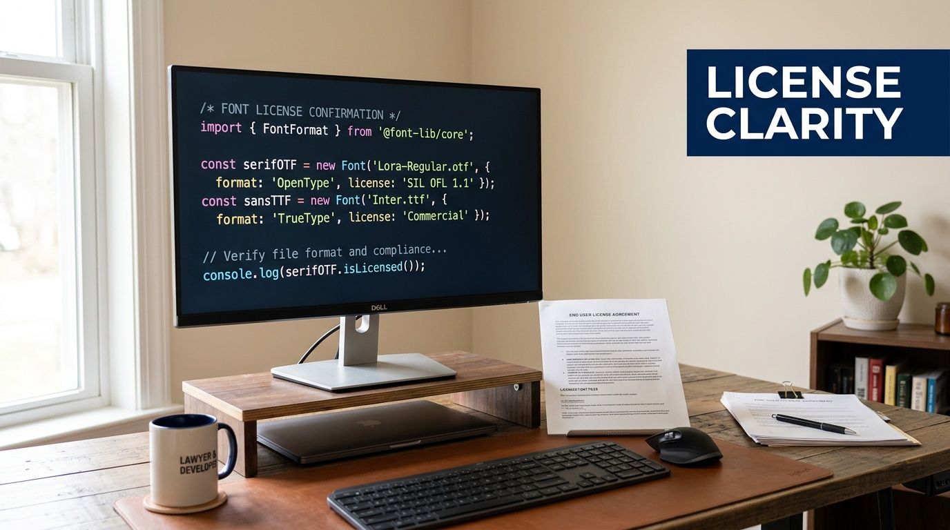 A modern workspace with a computer monitor showing code related to font licensing and user agreements.