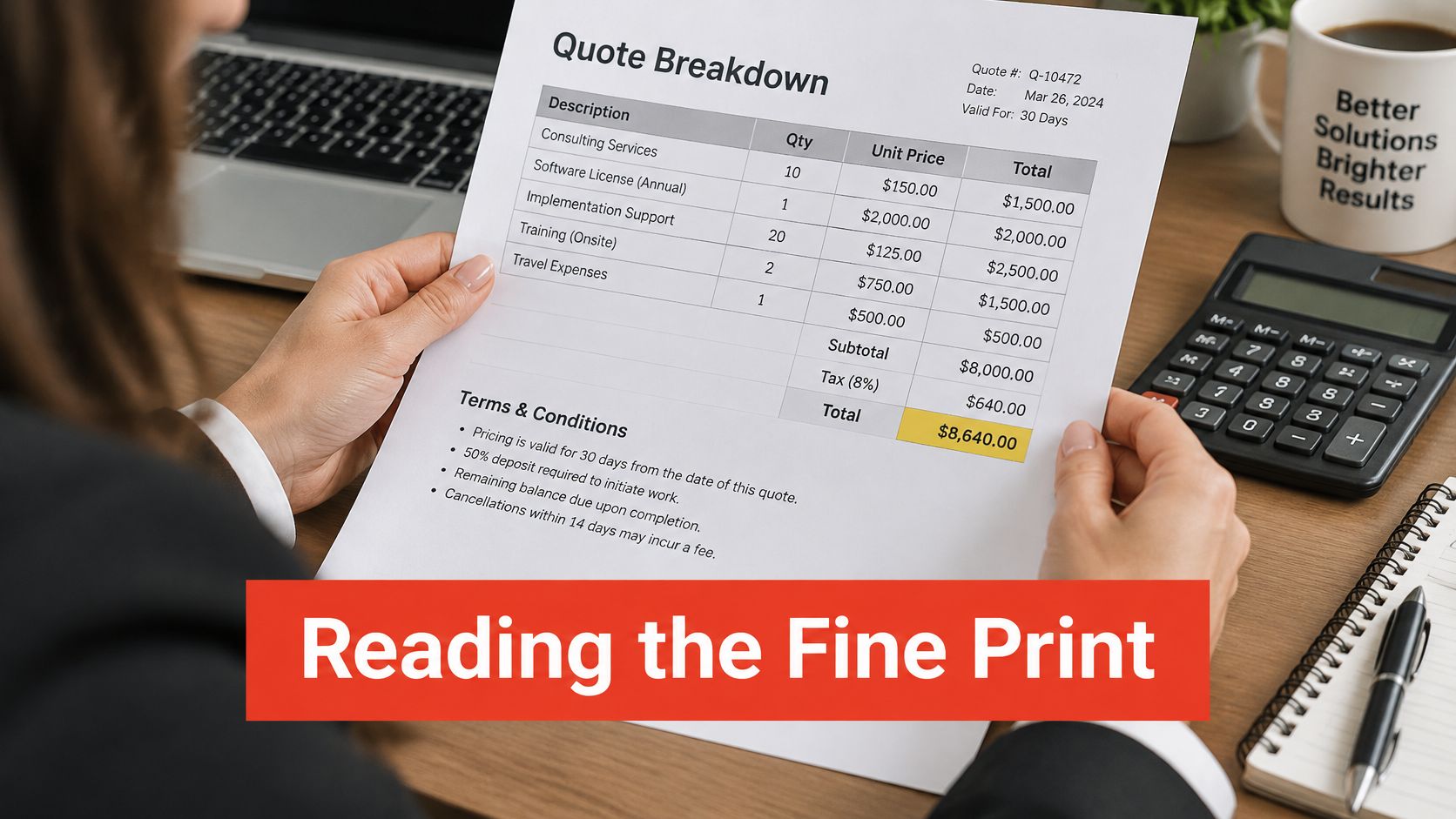 A professional holding a document labeled Quote Breakdown while working at a desk with a calculator.