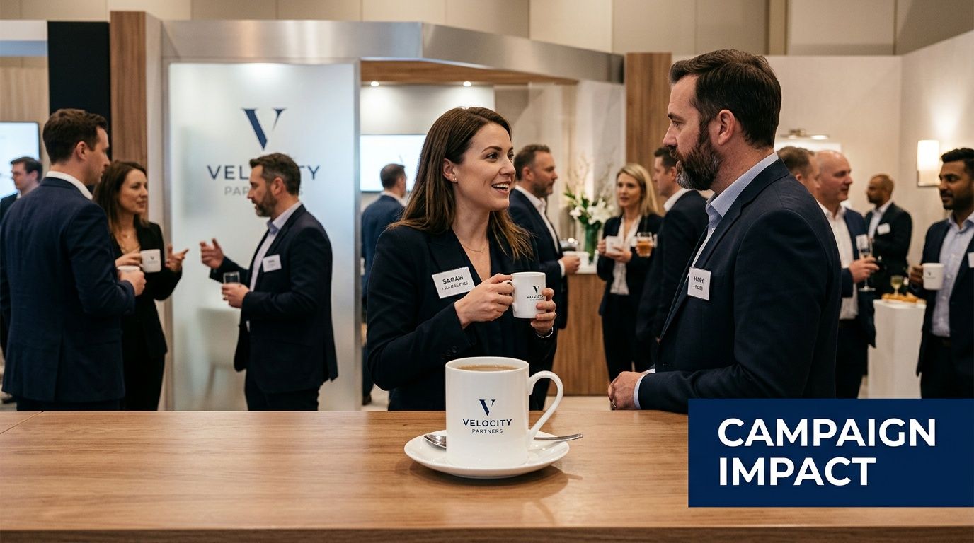 Professionals networking at a corporate event with a Velocity Partners branded bone china mug in foreground.
