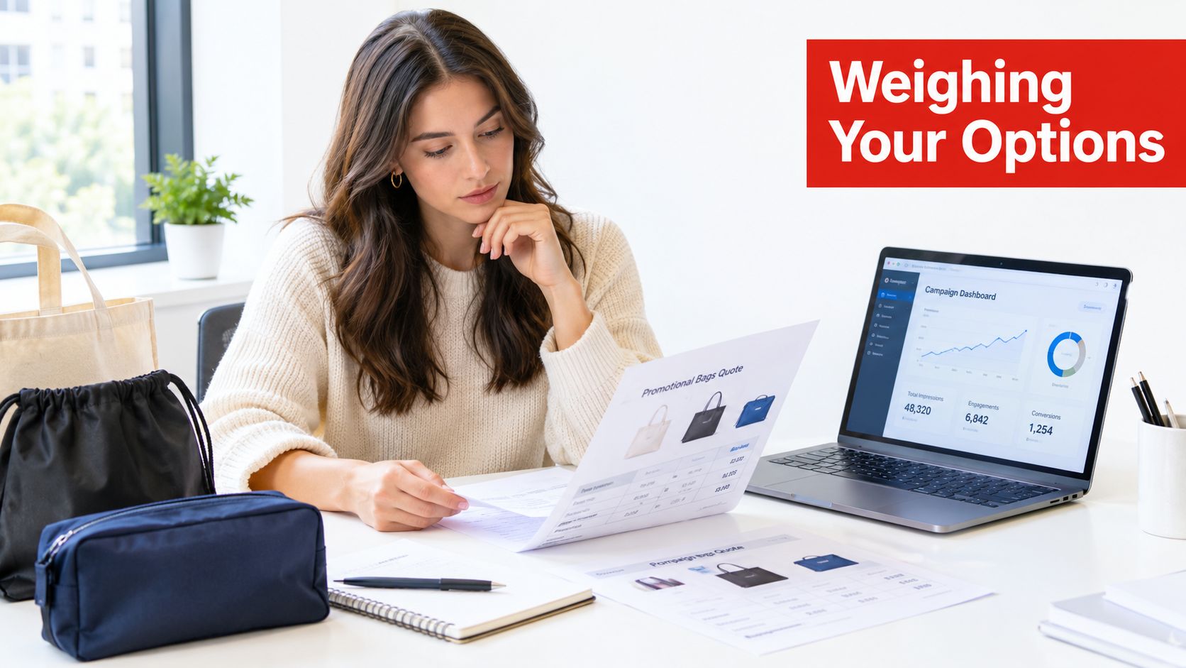 A woman reviewing promotional branded tote bag quotes while sitting at a desk with a digital dashboard.