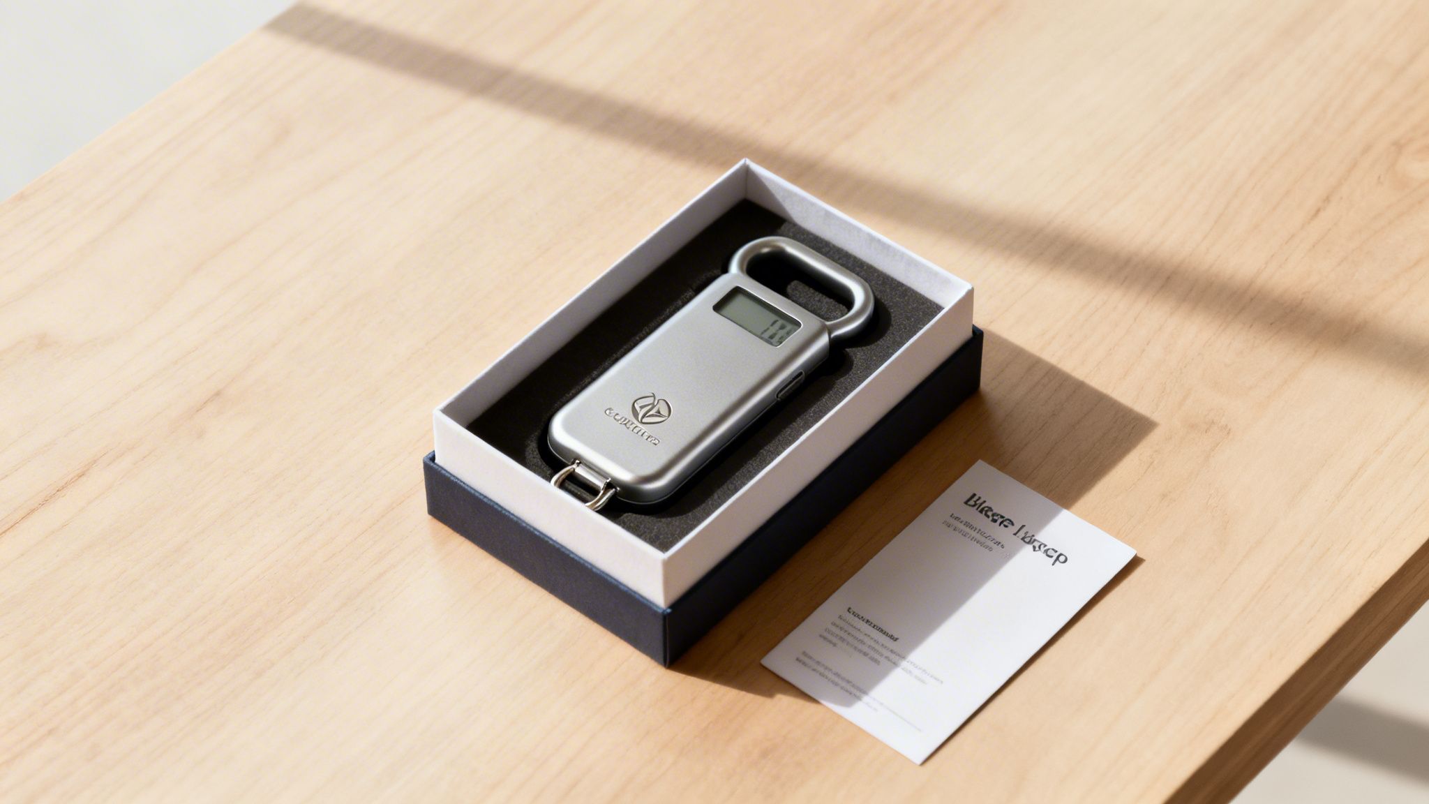 A silver electronic luggage scale displayed in its white and blue packaging box on a wooden table.