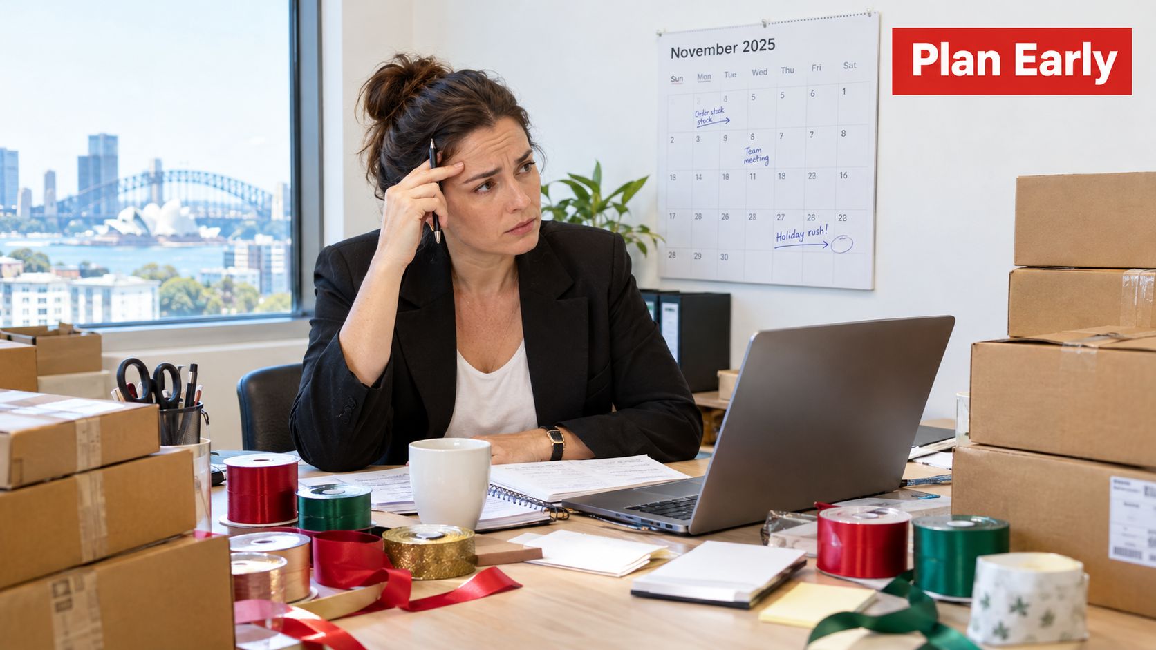 A stressed woman working at her office desk surrounded by shipping boxes and gift wrapping supplies.