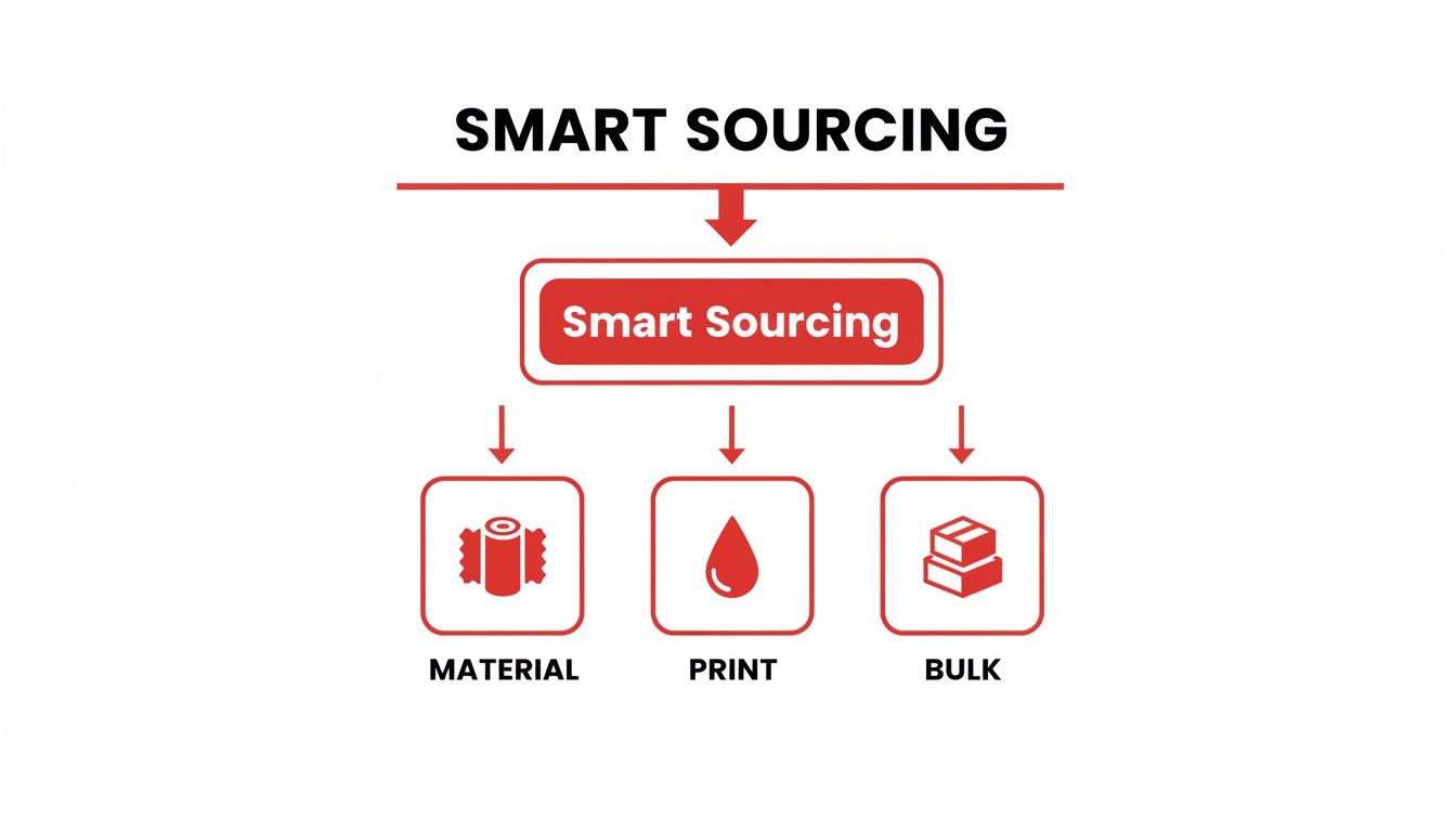 Diagram showing smart sourcing broken down into material, print, and bulk categories.