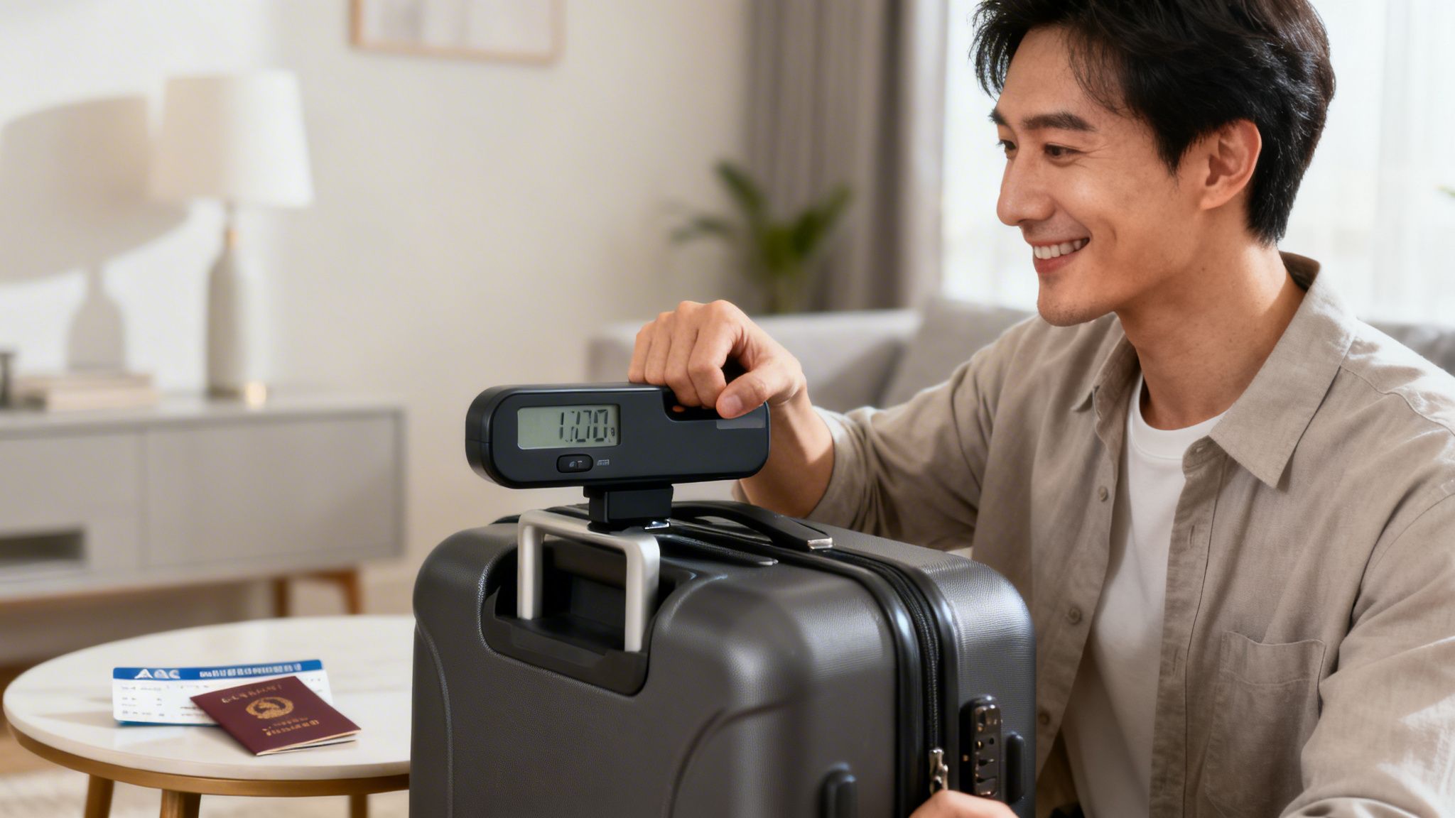 A smiling man weighs his dark grey suitcase with a black electronic luggage scale, preparing for travel.