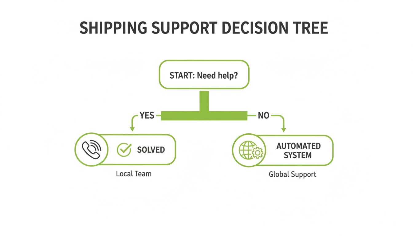 A decision tree for shipping support, directing users to a local team or an automated global system.