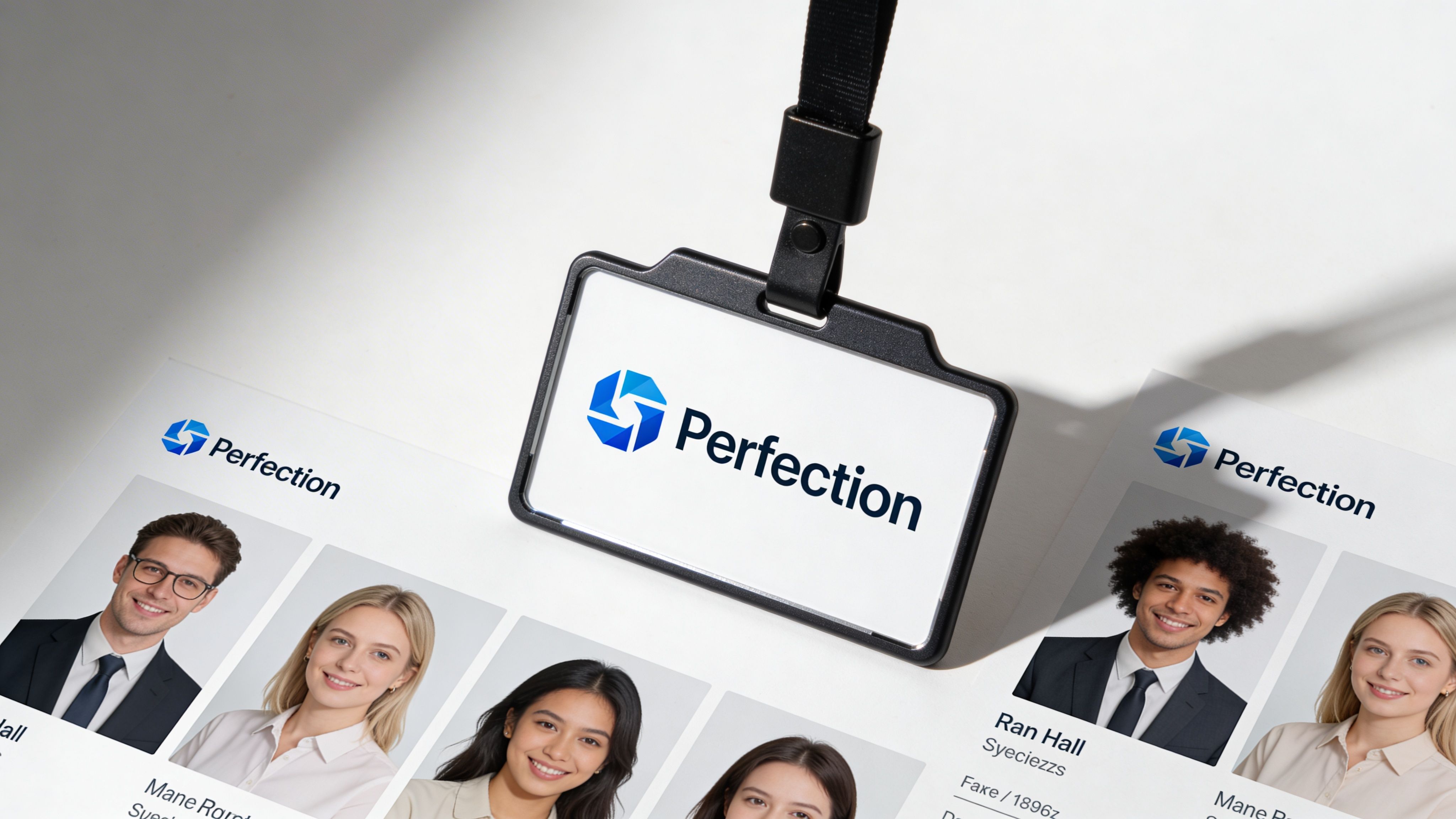 A professional ID badge holder with the Perfection brand logo resting on a desk with employee profiles.