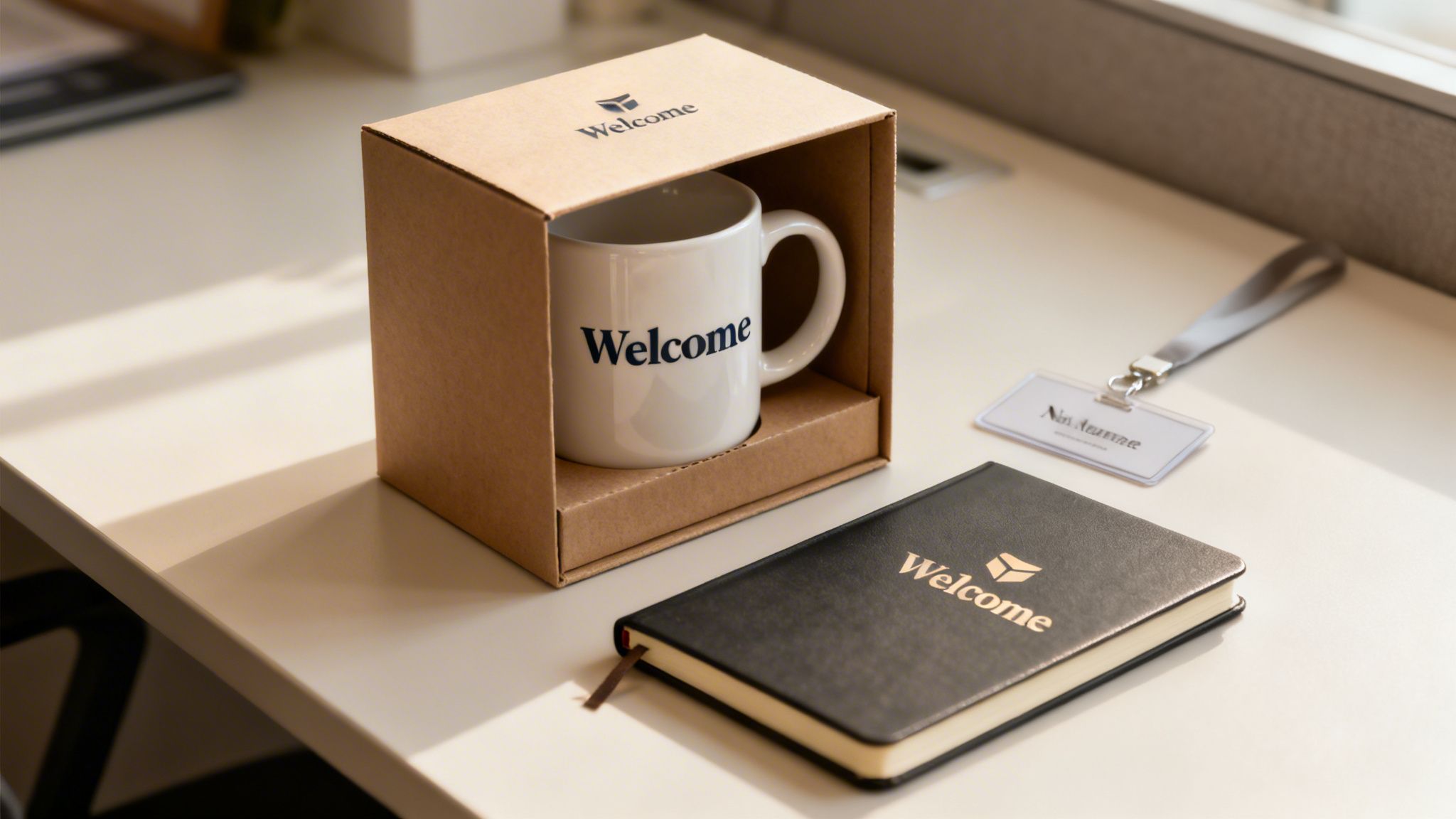 A desk setup featuring a welcome kit with a branded mug, notebook, and name tag.