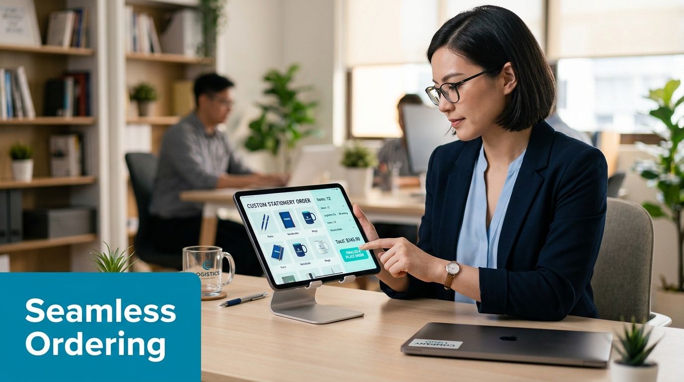 A businesswoman using a tablet to place a custom stationery order at a modern office desk.