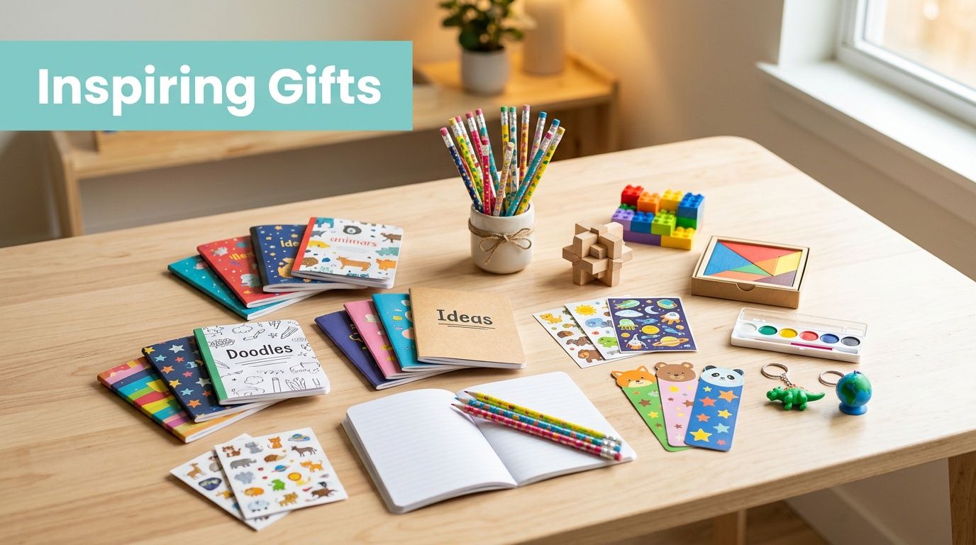An array of creative gifts including notebooks, stickers, pencils, and educational toys arranged on a wooden table.