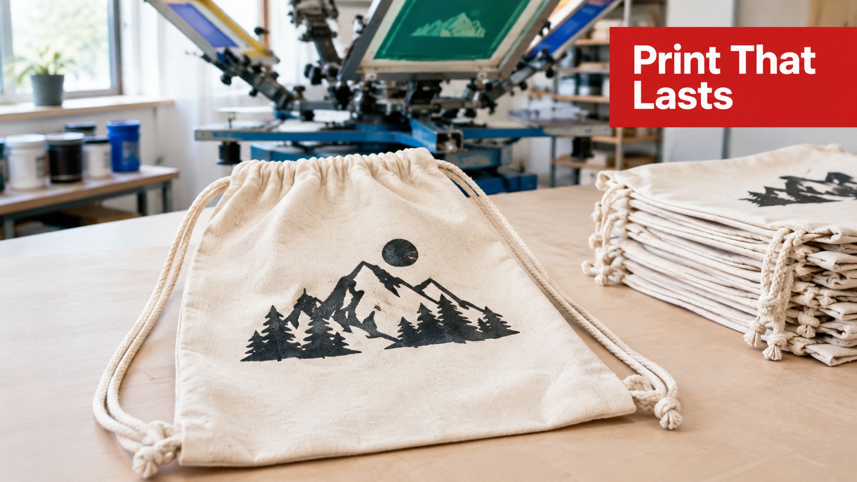 A canvas drawstring bag featuring a black mountain and forest print on a workshop table.