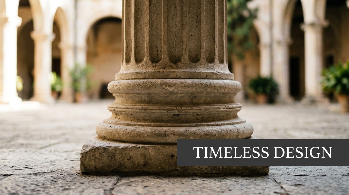 A close-up view of an ancient stone column in a courtyard with the text TIMELESS DESIGN.