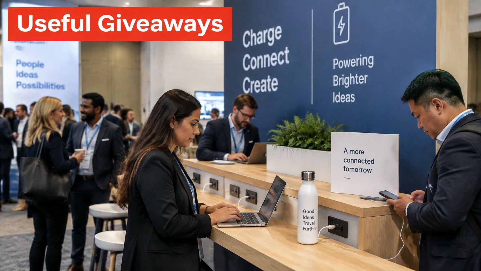 Professionals working on laptops at a charging station booth during a business conference with branded giveaways.