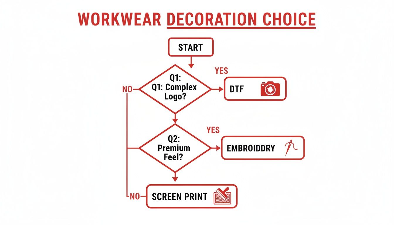 Flowchart guiding workwear decoration choice: DTF, Embroidery, or Screen Print, based on logo complexity and premium feel.