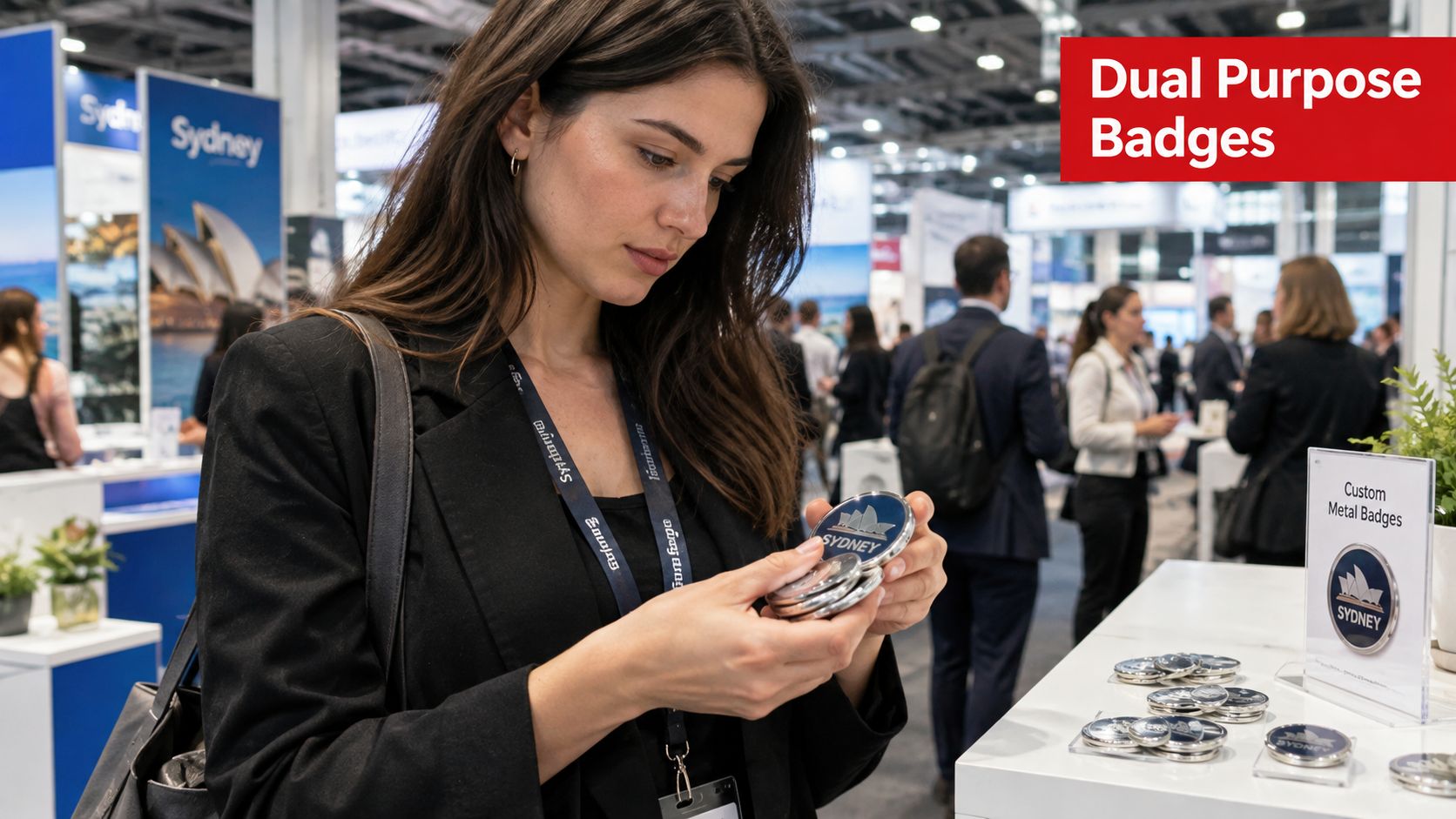 A woman examines custom metal Sydney branded badges at a professional trade show booth exhibition.