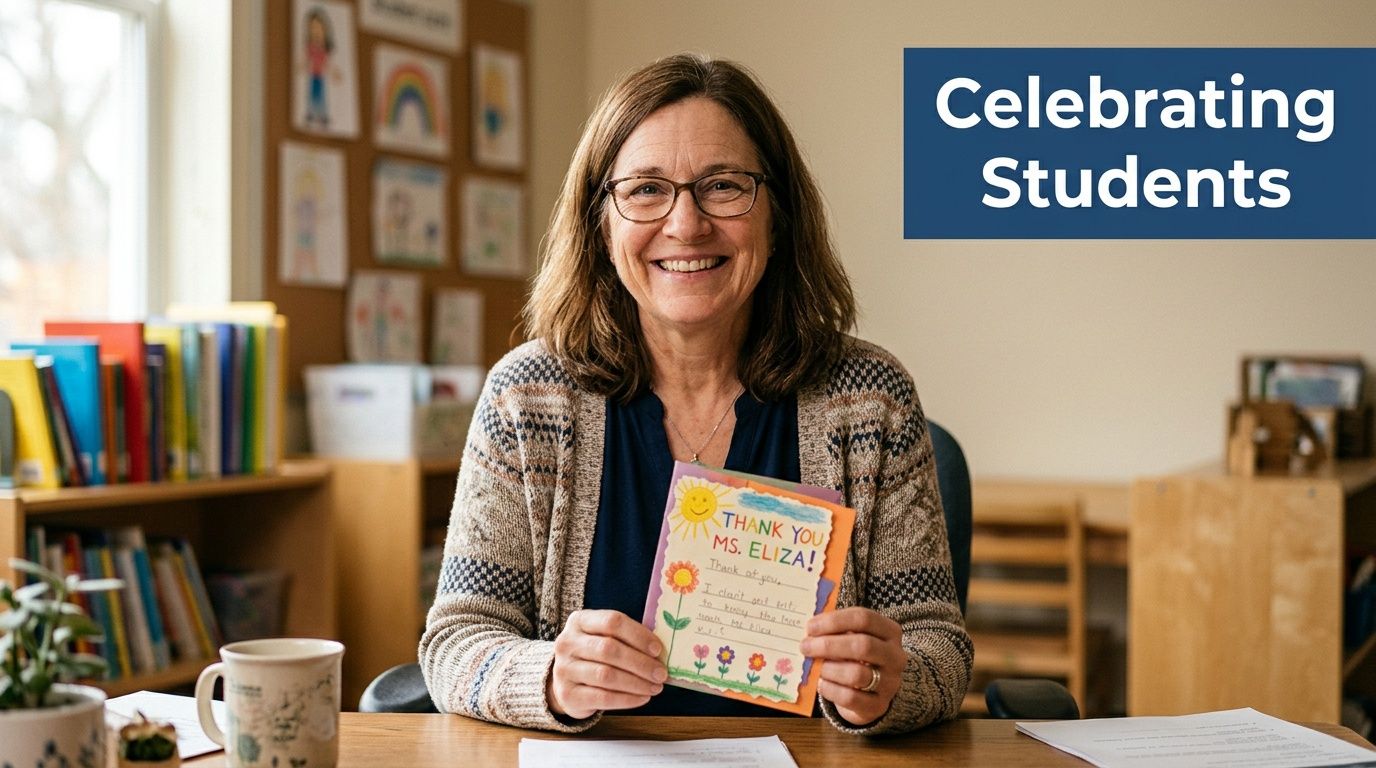 A smiling teacher sits at her desk holding a handmade thank you card from a student.