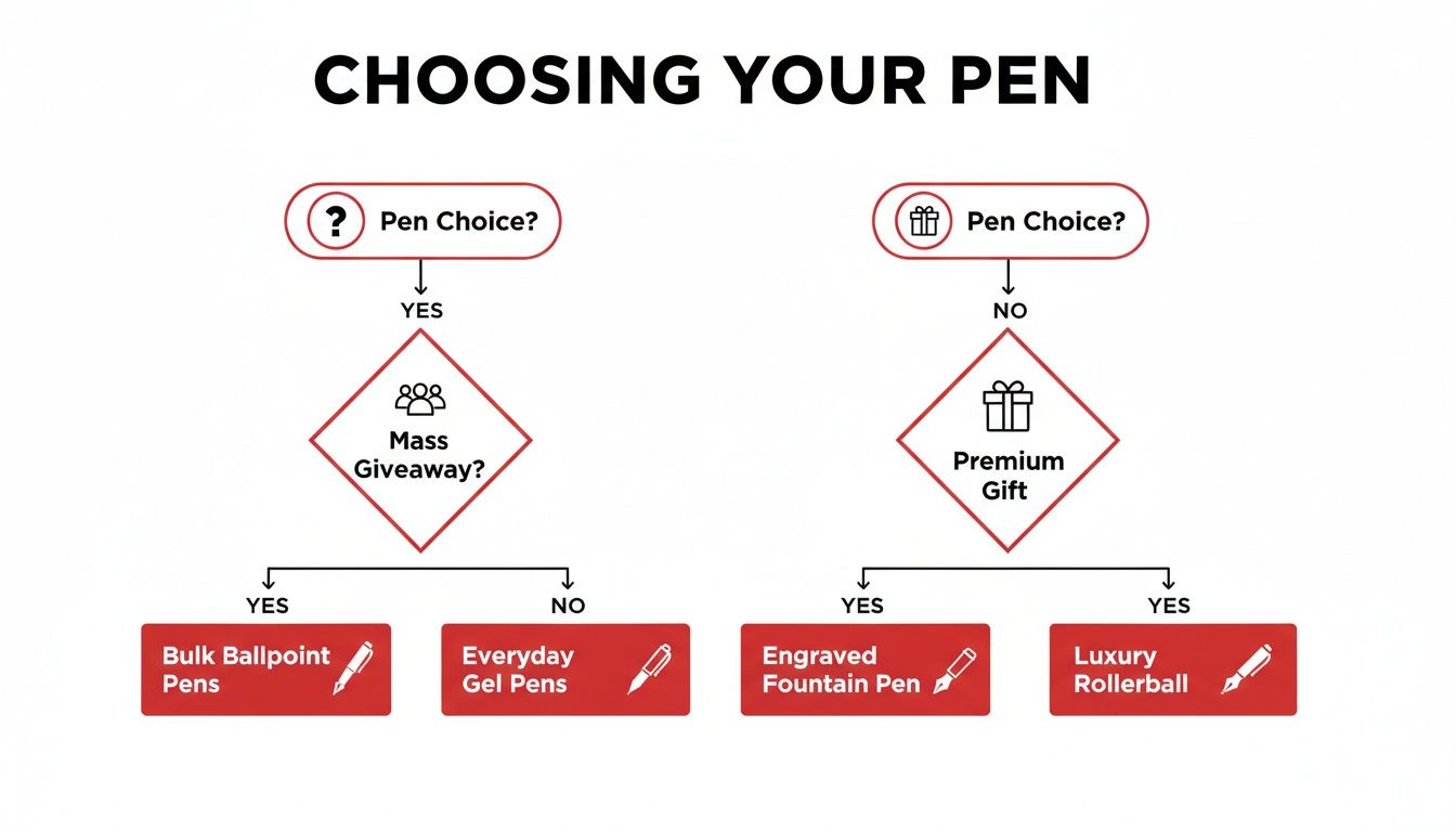 Flowchart illustrating how to choose the right pen for a mass giveaway or premium gift.