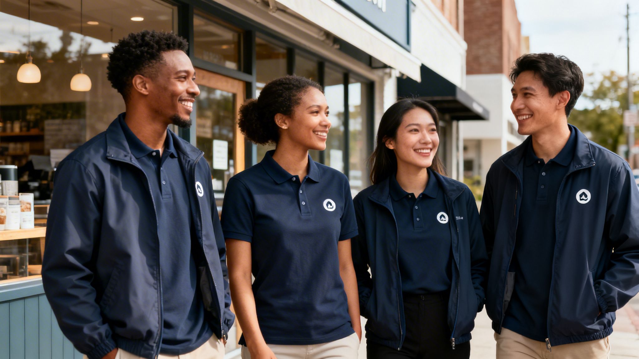 A diverse team of four employees smiling in navy blue custom branded workwear and jackets outdoors.