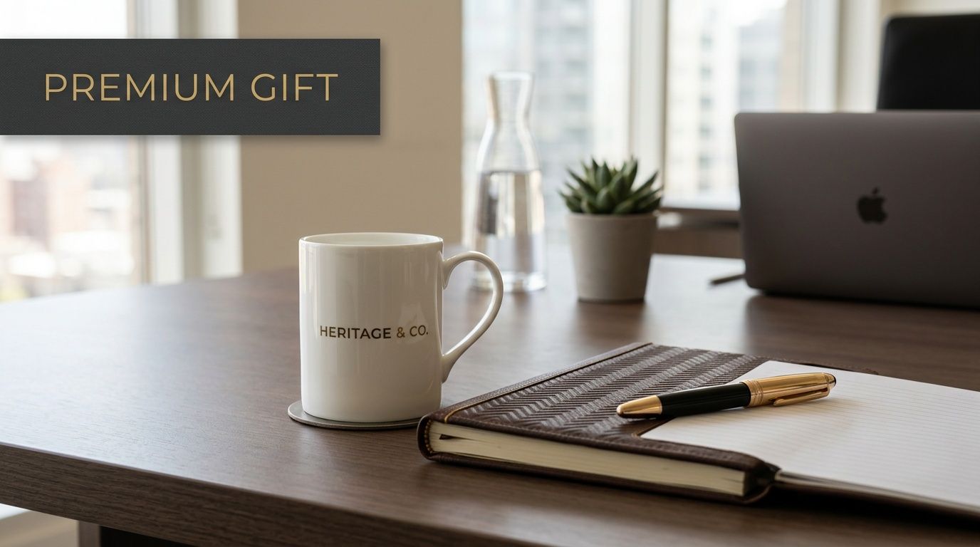 A professional desk workspace featuring a white bone china mug, a notebook, and a gold pen.
