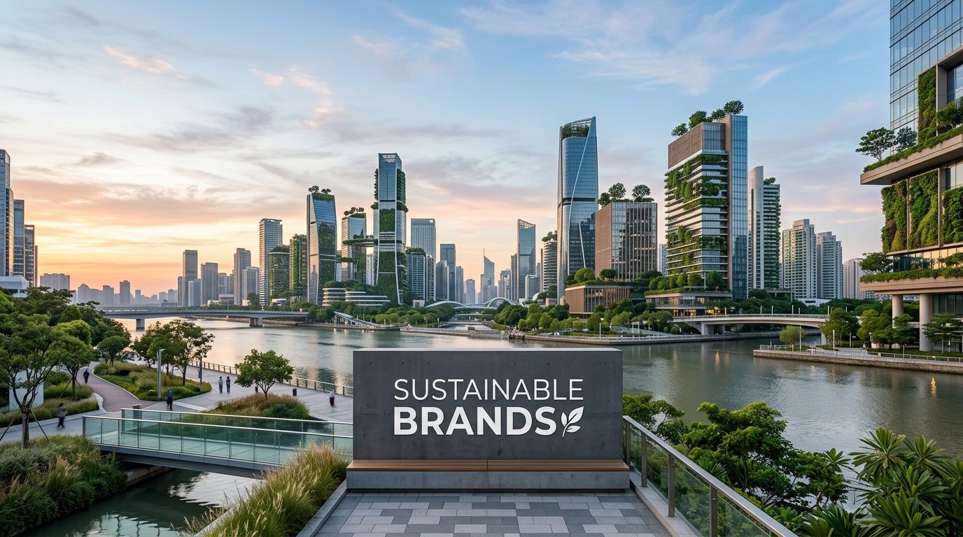 A modern eco-friendly city skyline during sunset with a Sustainable Brands sign in the foreground.