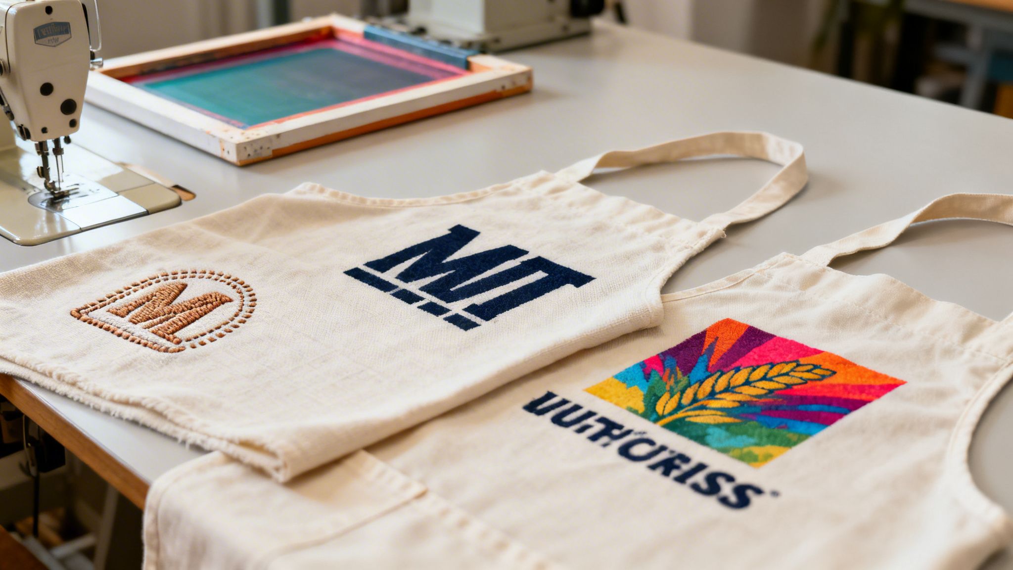 Close-up of three personalized aprons with different logos, a sewing machine, and screen printing frame.