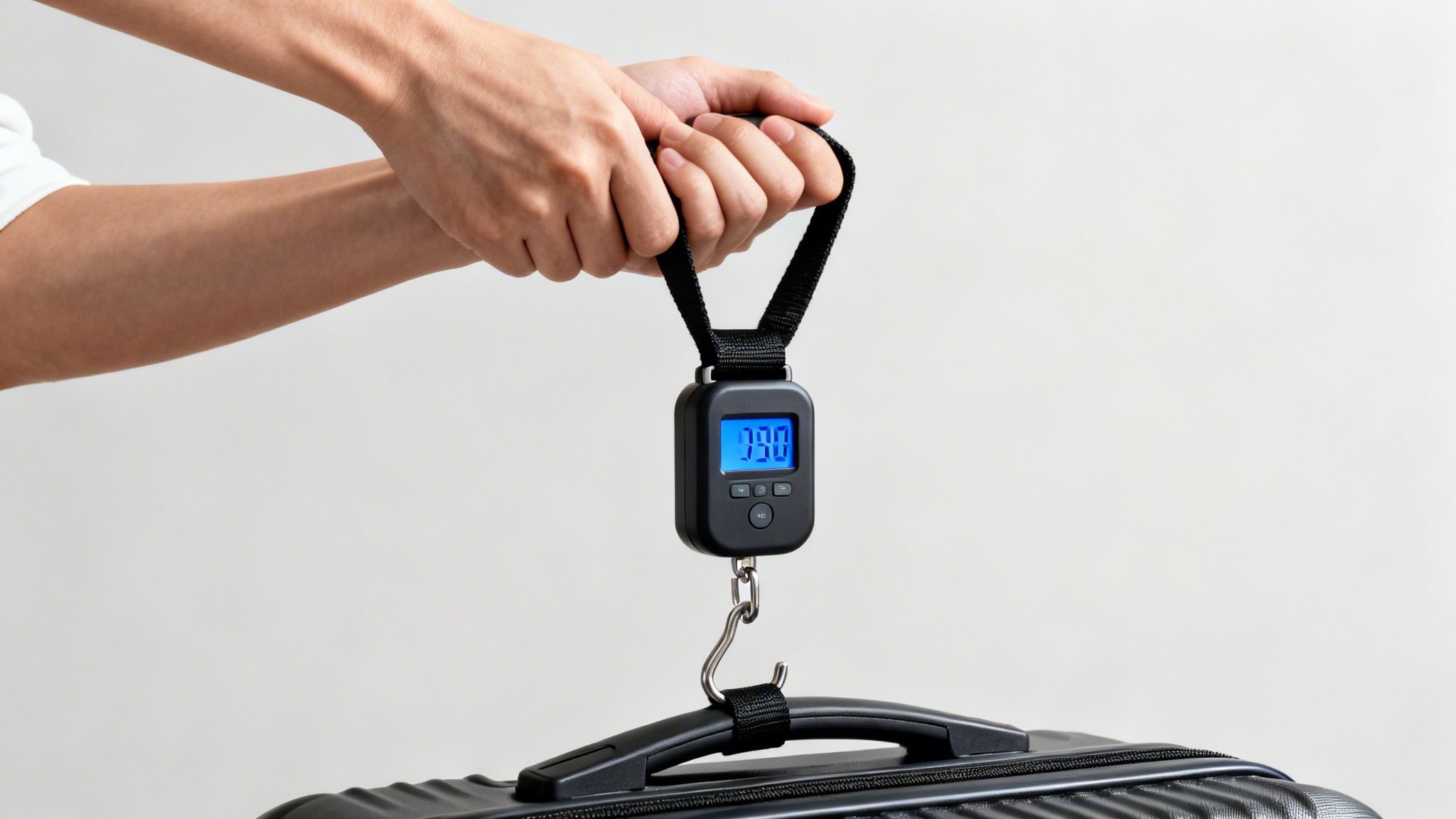 A person's hands using an electronic luggage scale to weigh a black suitcase.