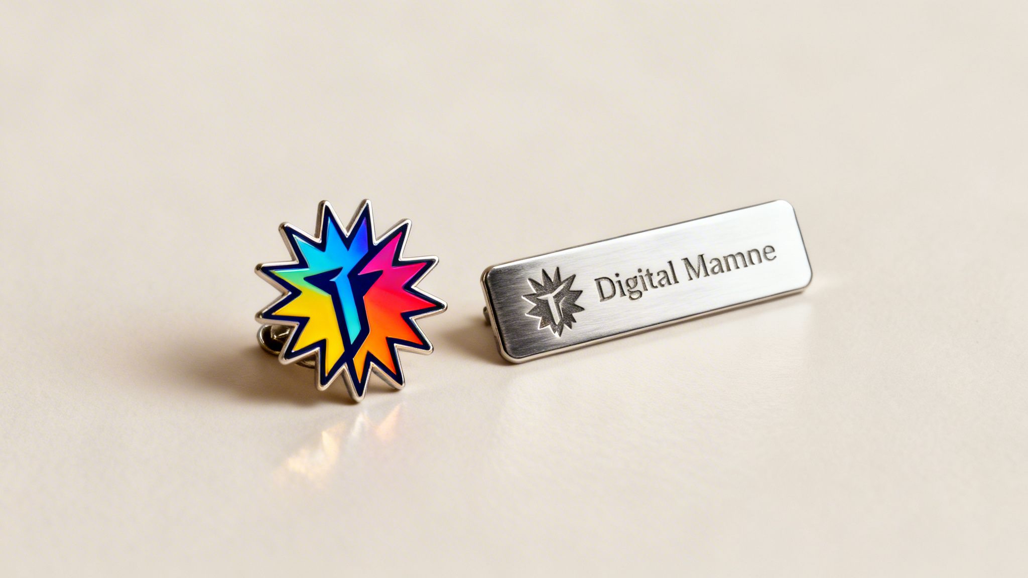 Two custom badges: a vibrant star-shaped pin and a brushed metal name tag with 'Digital Mamne'.